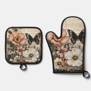 Rustische Blume und Schmetterlinge - Altpapier (14 Ofenhandschuh & Topflappen-Set