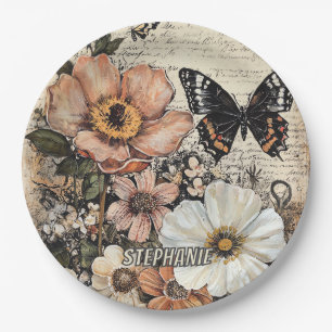 Rustische Blume und Schmetterlinge - Altpapier (14 Pappteller