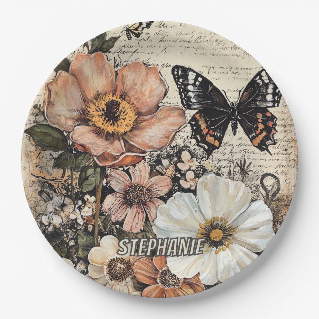Rustische Blume und Schmetterlinge - Altpapier (14 Pappteller (Vorderseite)