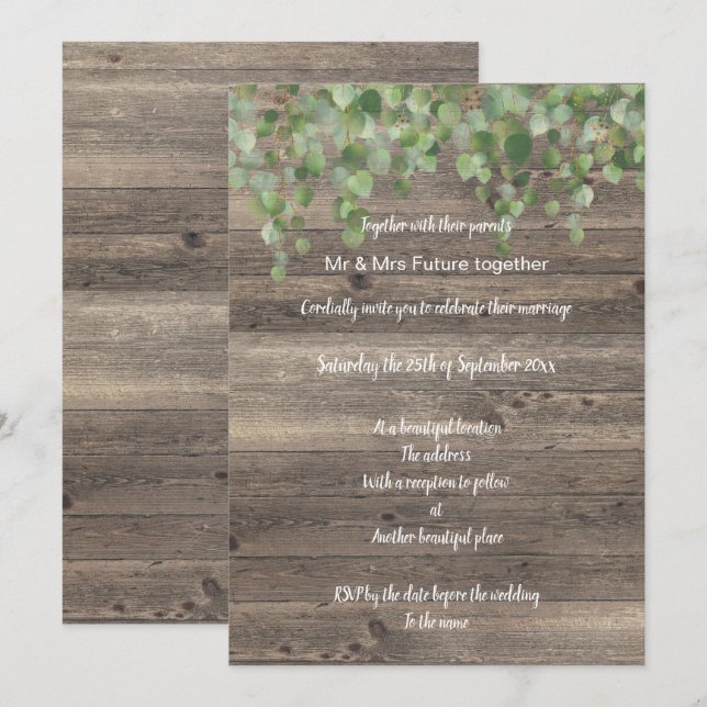 RUSTISCHE EUCALYPTUS WASSERFALL WEDING INVITATION EINLADUNG (Vorne/Hinten)