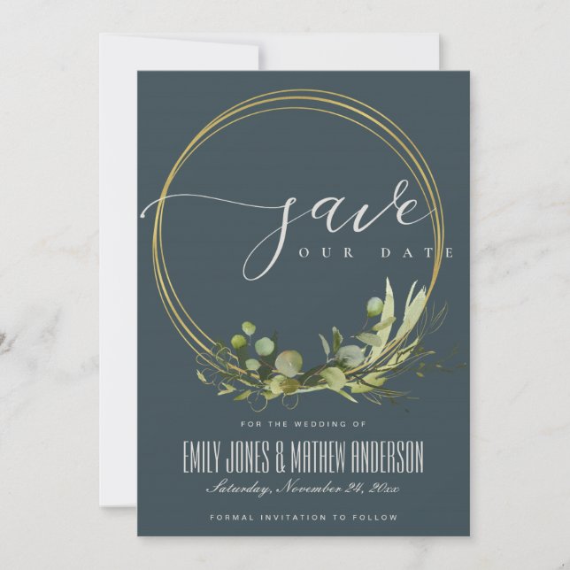 RUSTISCHE GRAULETTE GRÜNE GOLD FOLIAGE WATERCOLOR SAVE THE DATE (Vorderseite)