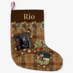 Rustische Imitate Burlap zwei Fotos Name Pferd Kleiner Weihnachtsstrumpf