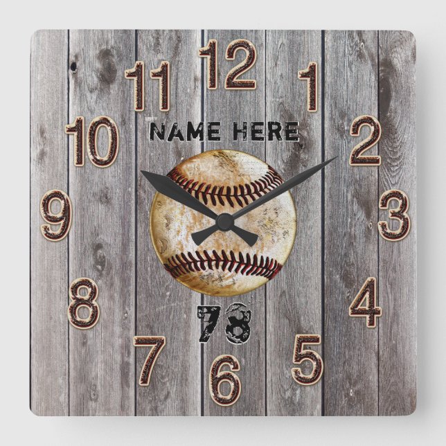 Rustische Imitate Holz Personalisierte Baseball Uh Quadratische Wanduhr (Vorderseite)