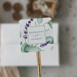 Rustische Lavendel- und Eukalyptus-Umschlag Aufkle Quadratischer Aufkleber