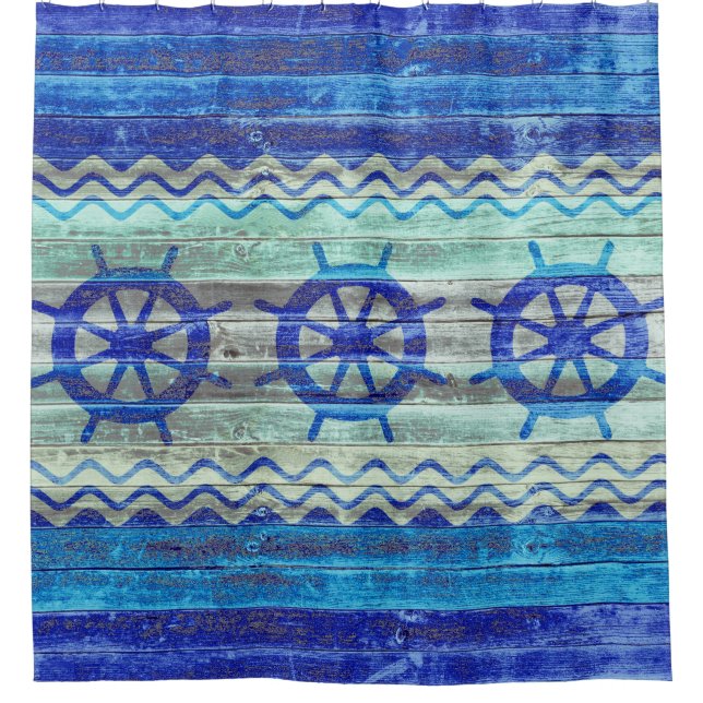 Rustische Navy Blue Coastal Decor Ship Wheels Duschvorhang (Vorderseite)