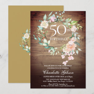 Rustische Rose Garland Monogram 50. Geburtstag Einladung