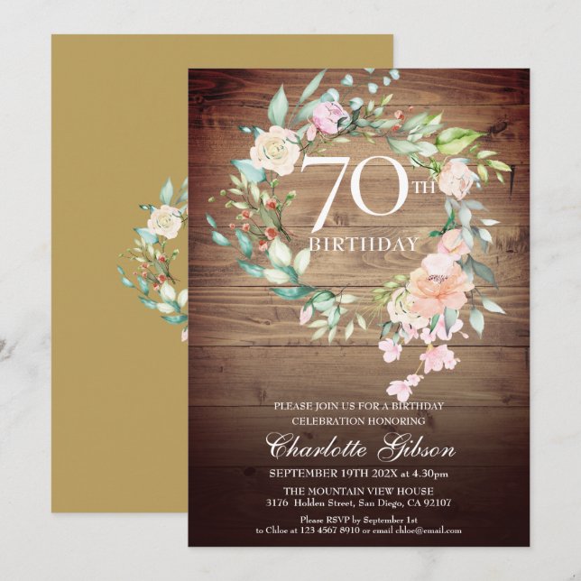Rustische Rose Garland Monogram 70. Geburtstag Einladung (Vorne/Hinten)