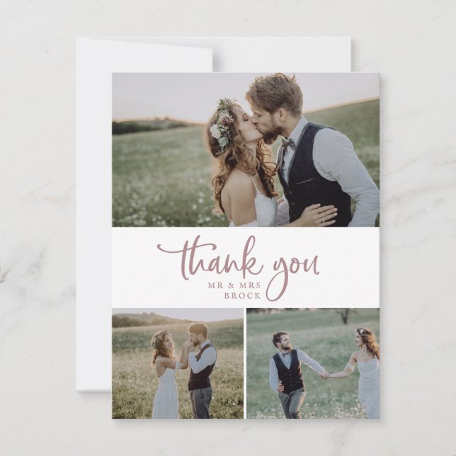 Rustische Rose Gold Script 3 Foto Collage Wedding Dankeskarte (Vorderseite)
