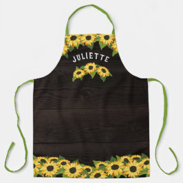 Rustische Sonnenblumen und dunkler Holzername Schürze