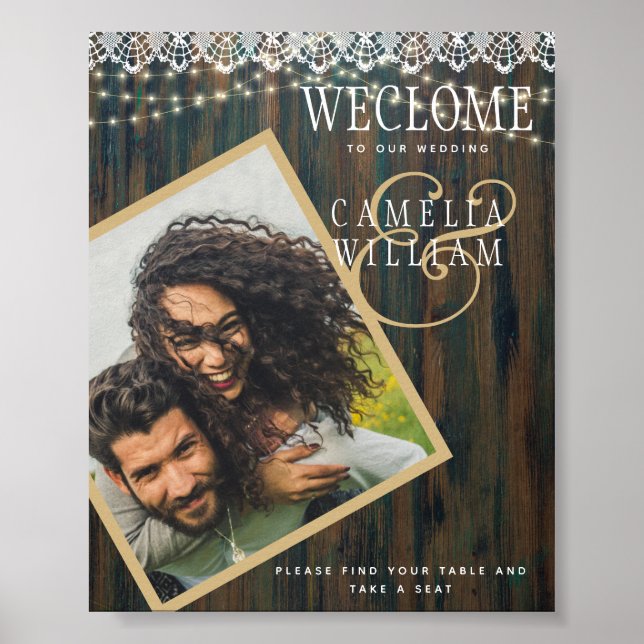 RUSTISCHES HOLZLICHT LACE Wedding WELCOME SIGN Poster (Vorne)