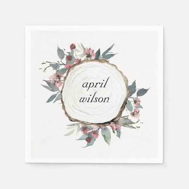 RUSTISCHES HOLZSLICE WILD PINK FLORAL EUCALYPTUS SERVIETTE (Vorderseite)