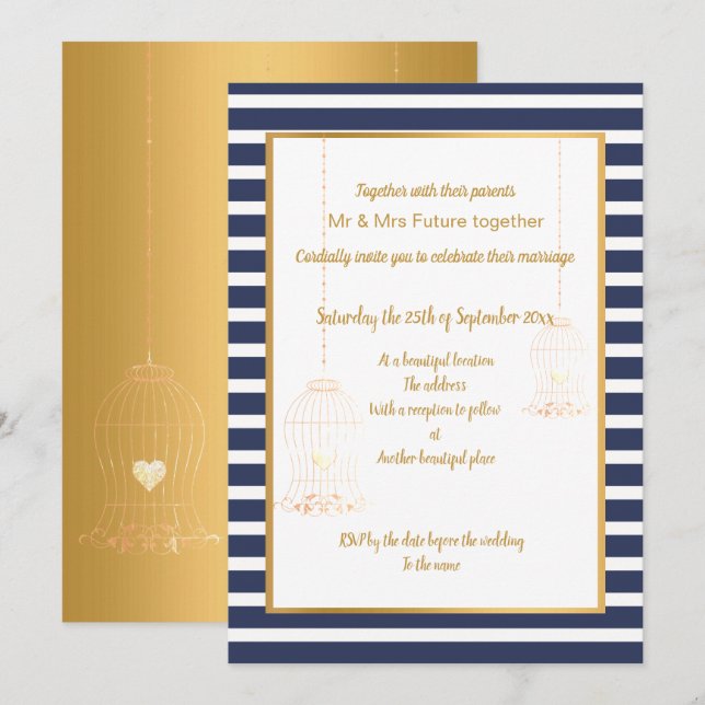 RUSTISCHES WEISSES GOLDSTREIFEN 2 WEDD EINLADUNG (Vorne/Hinten)