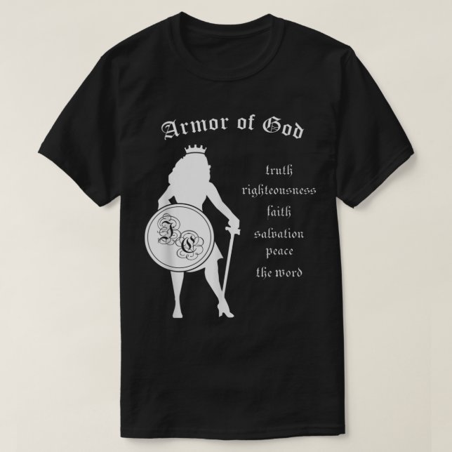 Rüstung der Schwertbibel der starken Frau T-Shirt (Design vorne)