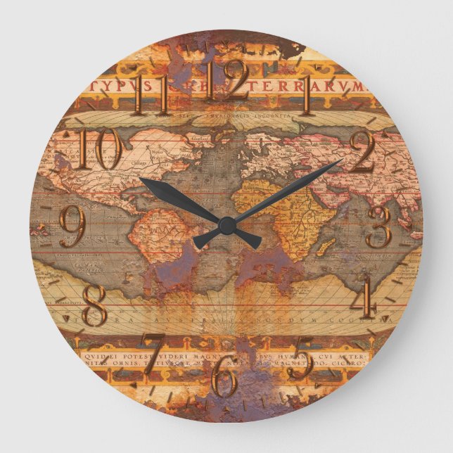Rusty Antique Old World Map History Designer Clock Große Wanduhr (Vorderseite)
