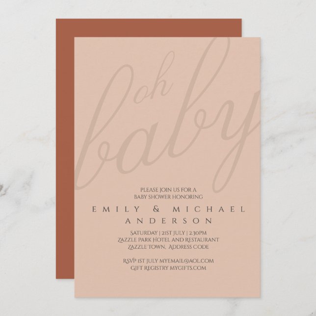 Rusty Blush Typografy Baby Shower Gender Reveal Einladung (Vorne/Hinten)