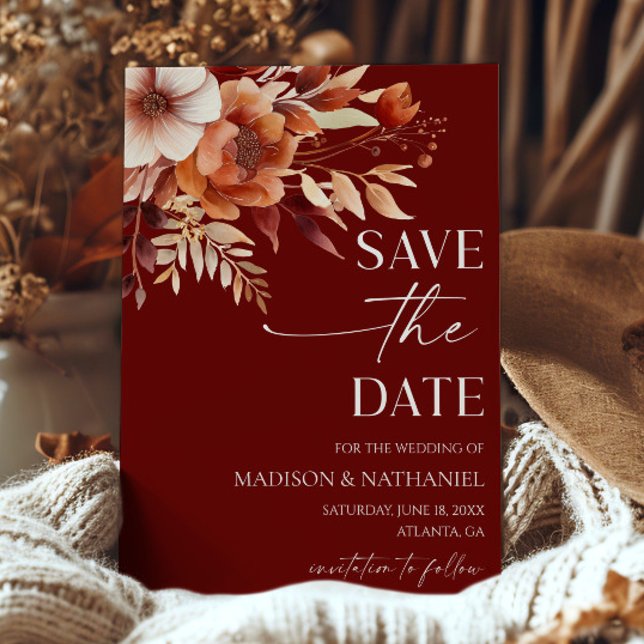 Rusty Burgundy Brown Blumengarten Hochzeit Save The Date (Von Creator hochgeladen)