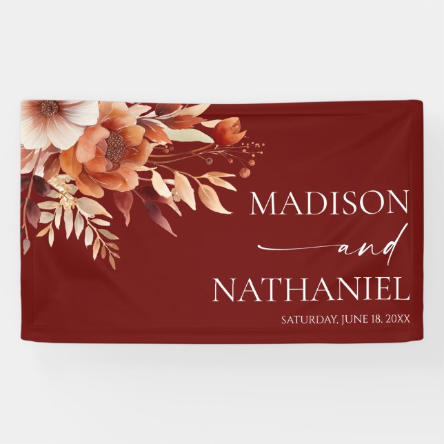 Rusty Burgundy Brown Floral Blume Wedding Banner (Horizontal)