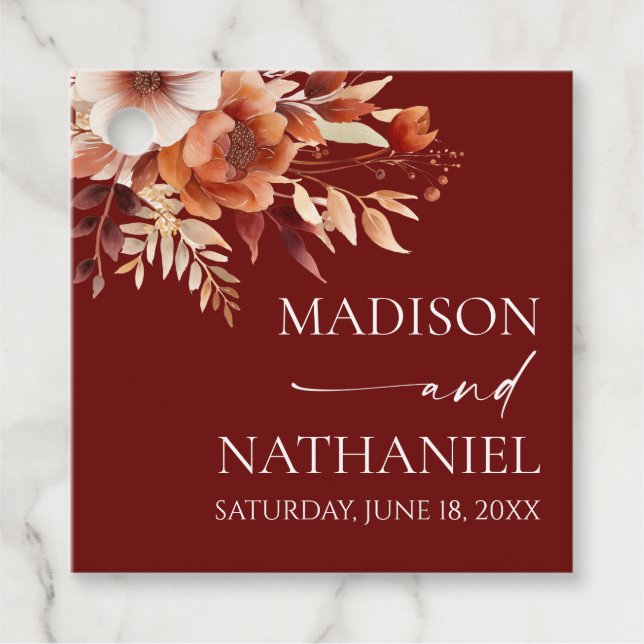 Rusty Burgundy Brown Floral Blume Wedding Geschenkanhänger (Vorderseite)