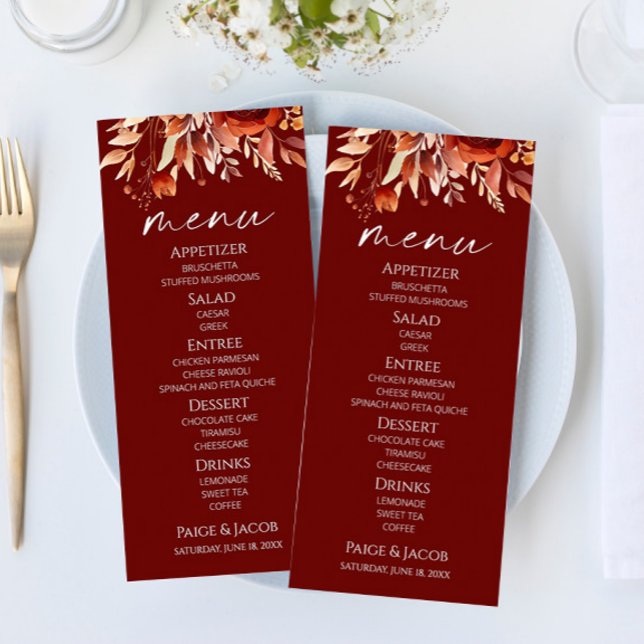 Rusty Burgundy Brown Floral Blume Wedding Menükarte (Von Creator hochgeladen)
