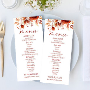 Rusty Burgundy Brown Floral Blume Wedding Menükarte