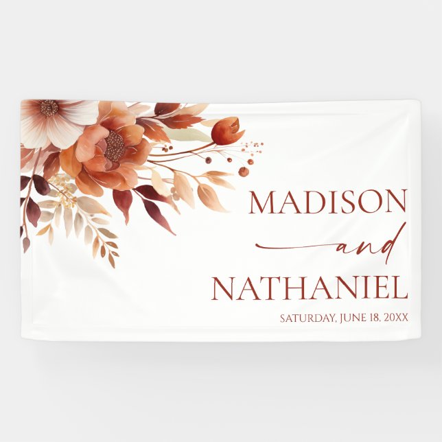 Rusty Burgundy Brown Floral Flower Wedding Banner (Horizontal)