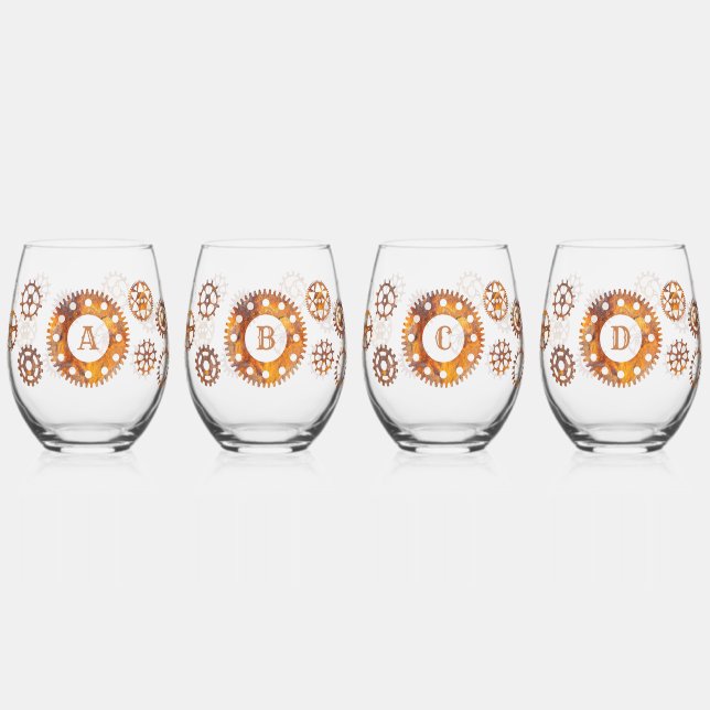 Rusty Gears Steampunk Custom Initial Weinglas Ohne Stiel (Links)