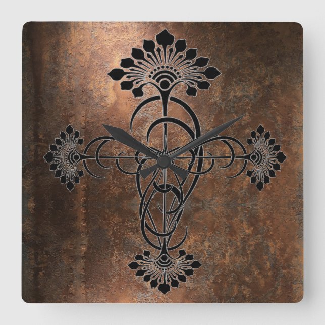 Rusty Metal mit Art Nouveau Design auf einem Quadratische Wanduhr (Vorderseite)