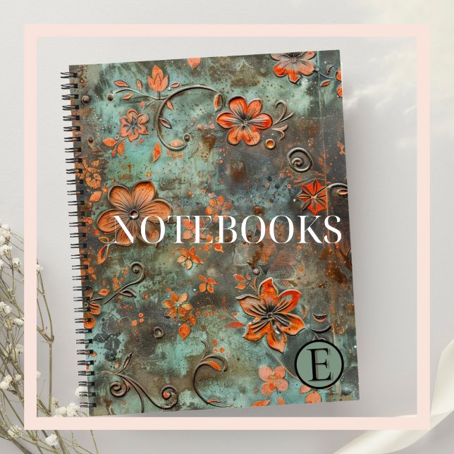 Rusty Orange Raised Floral Spiral Notebook Notizbuch (METALLIC DUSKY BLUE & TANGERINE CUSTOM NOTEBOOK)