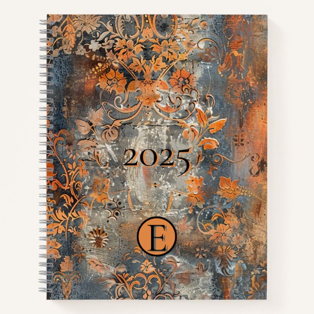 Rusty Orange Raised Floral Spiral Notebook Notizbuch (Vorderseite)