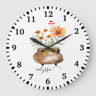 Rusty Pink Rose Blume Trendy Script Name Große Wanduhr