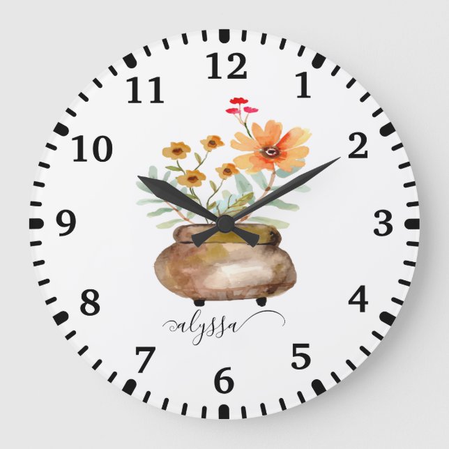 Rusty Pink Rose Blume Trendy Script Name Große Wanduhr (Vorderseite)