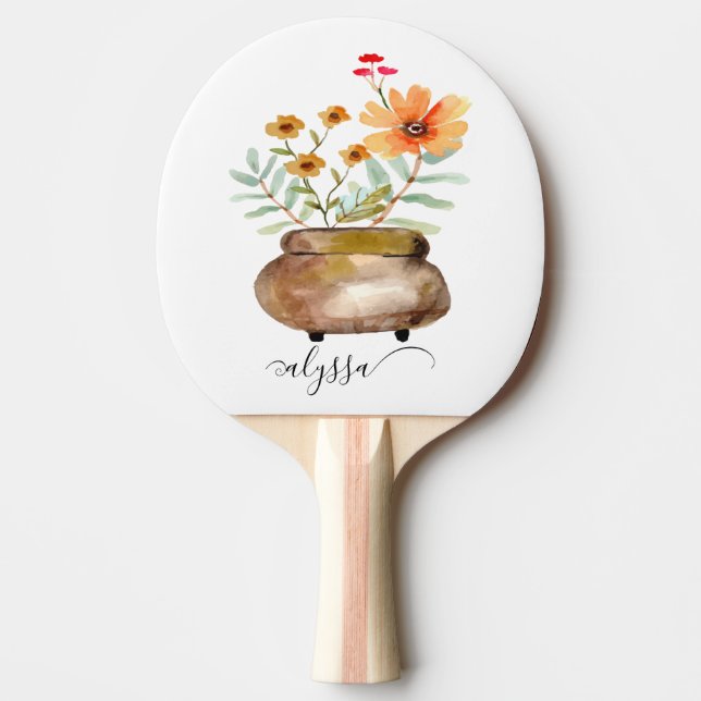 Rusty Pink Rose Flowers Trendy Script Name Tischtennis Schläger (Vorderseite)
