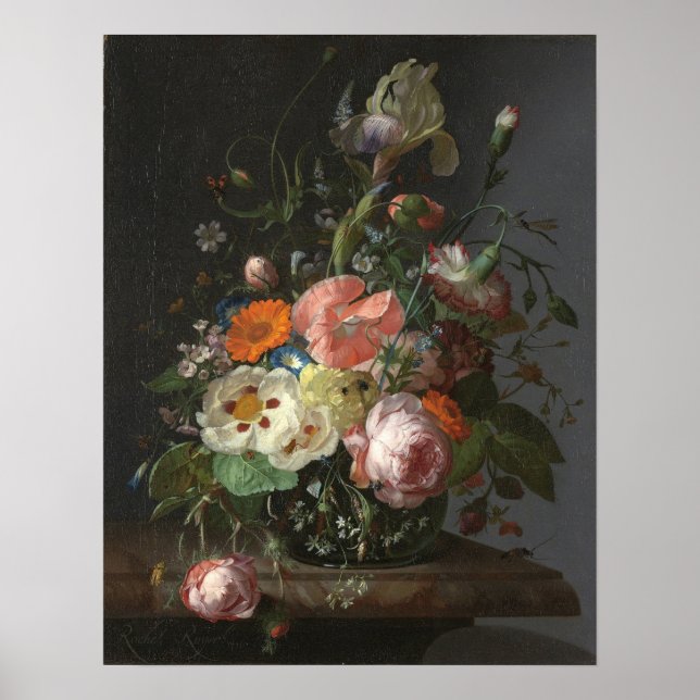 Ruysch - Stillleben mit Blume auf einem Marmortisc Poster (Vorne)