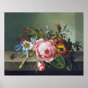 Ruysch - Zweigstelle Rose mit Kafer und Biene Poster
