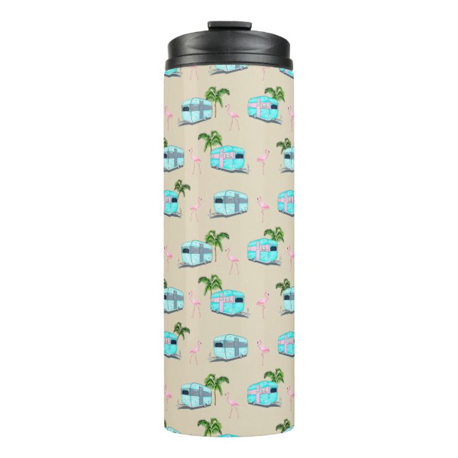 RV Beach Camping mit Flamingos Thermosbecher (Vorderseite)