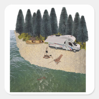 RV Camper im Wald am Wasser Quadratischer Aufkleber