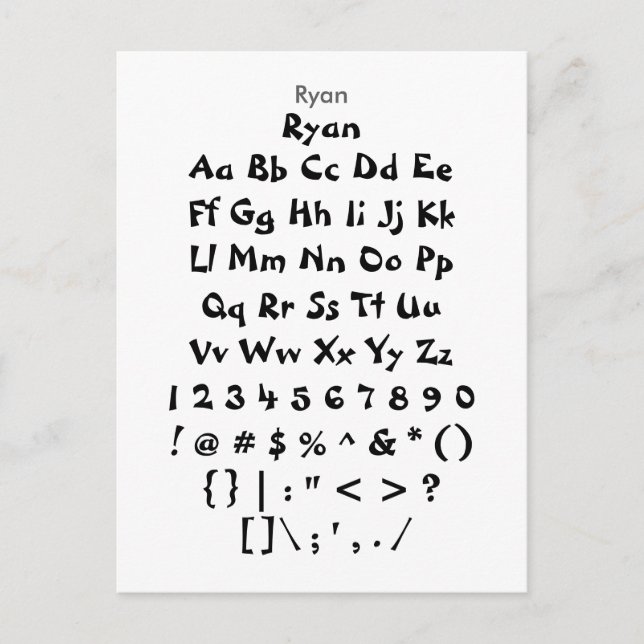Ryan - Zazzle Schriftart Sampler Sheet Postkarte (Vorderseite)
