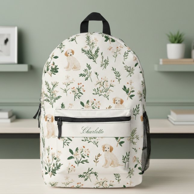 S BEDRUCKTER RUCKSACK (cute sweet golden retriever puppy botanical floral backpack custom name monogram for back to school)