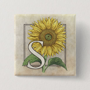 S für Sonnenblume-Monogramm-Kunst Button