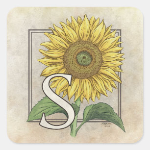 S für Sonnenblumen Monogram Art Quadratischer Aufkleber