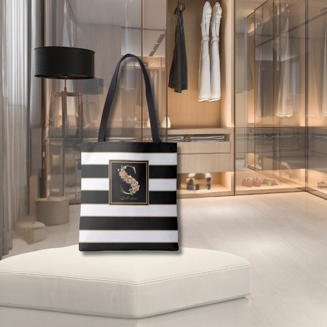 S Gold Floral Monogram | Schwarz-weiße Streifen (Von Creator hochgeladen)