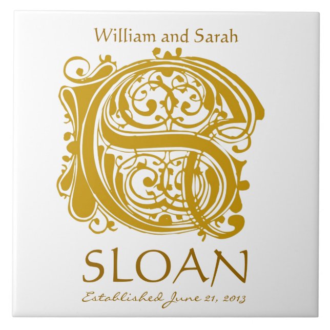 S Gold Monogram on White - Names Wedding Date Tile Fliese (Vorderseite)