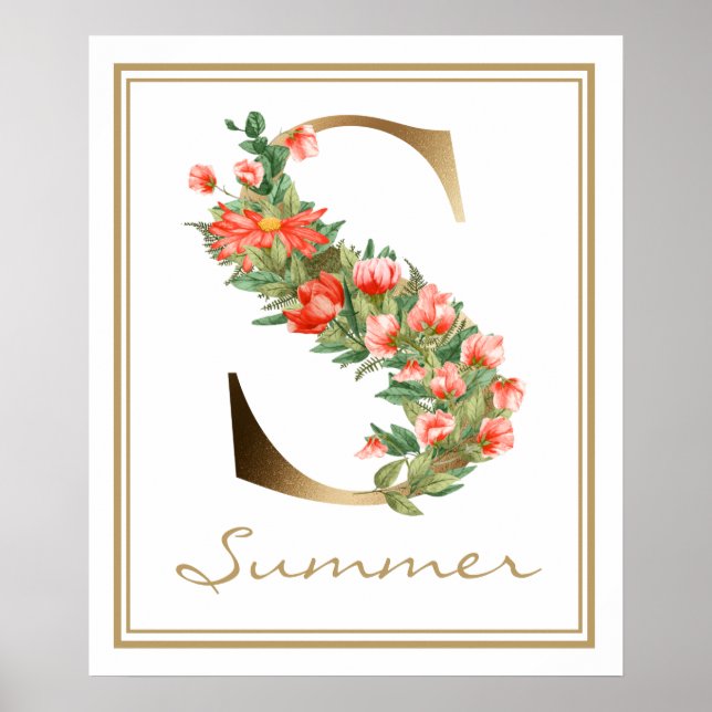 S Letter Gold Monogram Orange Blume Poster (Vorne)
