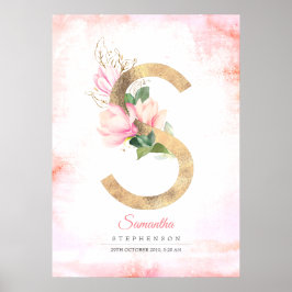 S Letter Monogram Gold Blätter Pink Magnolia Flora Poster