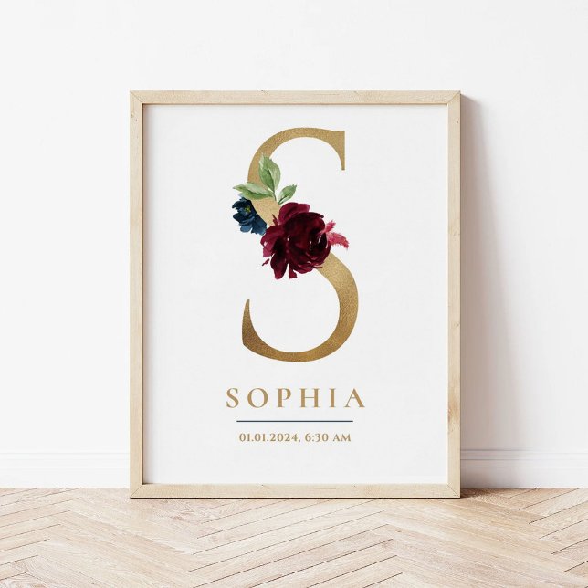 S Letter Monogram Name Marsala Floral Kinderzimmer Poster (Von Creator hochgeladen)