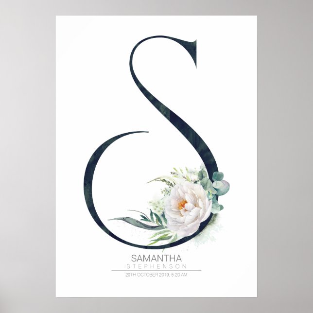 S Letter Monogram Weiße Blume und Grüne Poster (Vorne)
