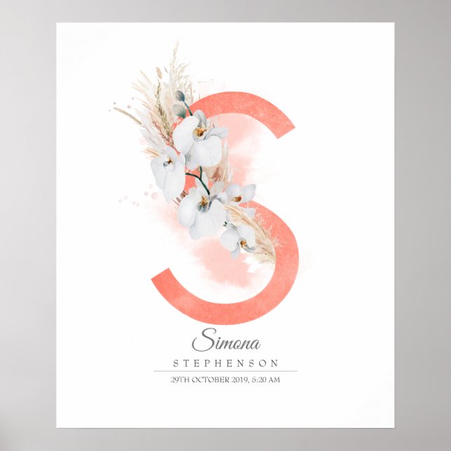 S Letter Monogram White Orchias and Pampas Grass Poster (Vorne)