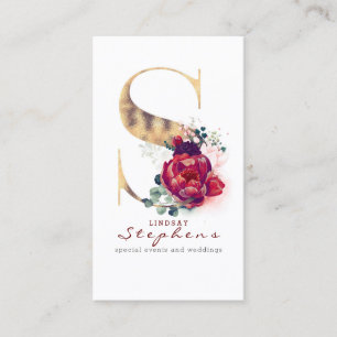 S Monogram Burgund Red Blume und Gold Glitzer Visitenkarte