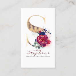 S Monogram Burgundy Gold und Navy Blue Floral Visitenkarte