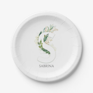 S Monogram Gold Greenerity Blätter Eleganter Name Pappteller